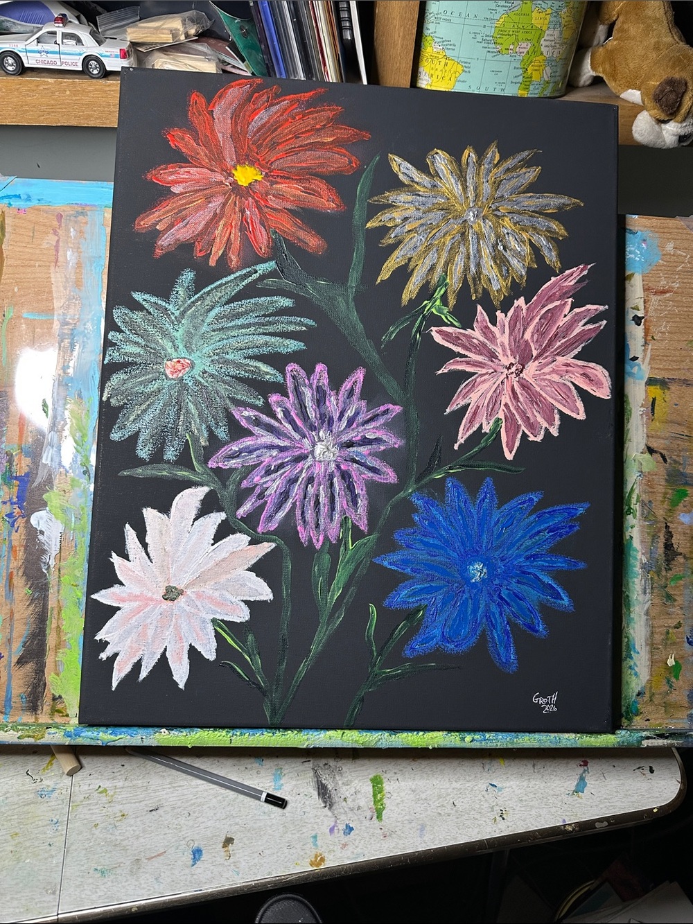 Vibrant Multi-Color Floral Canvas Painting on Black Background
